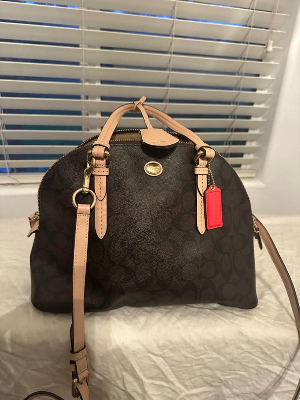 Coach Peyton Brown Signature Dome Satchel with Beige Trim and Red Tag